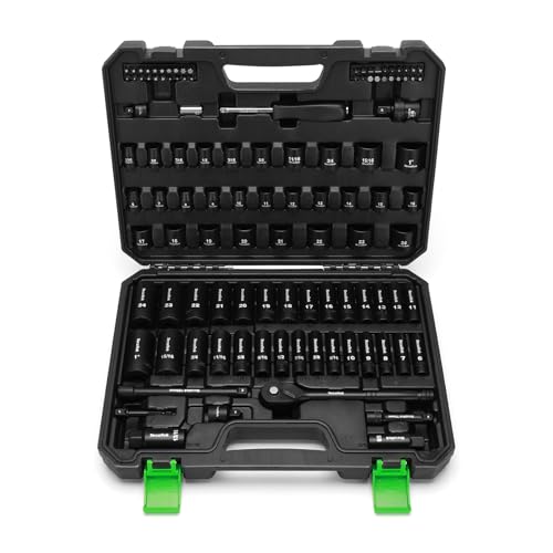 TecoTek 3/8" Drive Impact Socket Set, 109-Piece SAE (5/16"-1") and Metric (6mm-24mm), Deep & Shallow, 6 Point, Adapters, Ratchet Handle, Screwdriver Bit Set, Spark Plug Socket