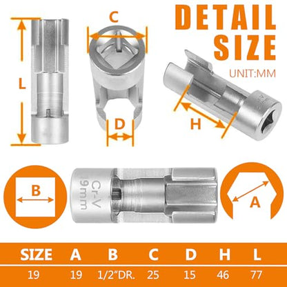 19MM (1/2"DR) Difficult Access Diesel Injector Fuel Line Socket Set Difficult Access Flare Nut Wrench Spanner for Wired Temperature Sensors, Thermo Switches, ABS Tube, Master Cylinder, Coolant, etc - size: 19MM(1/2"DR.)