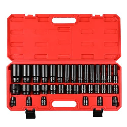 35PCS Impact Sockets Set 1/2" Deep 6 Point Socket Tool Drive Jumbo Impact Socket Kit for Metric Garage Workshop 8-32 MM (1/2" Impact Socket Set) - size: 1/2" Impact Socket Set