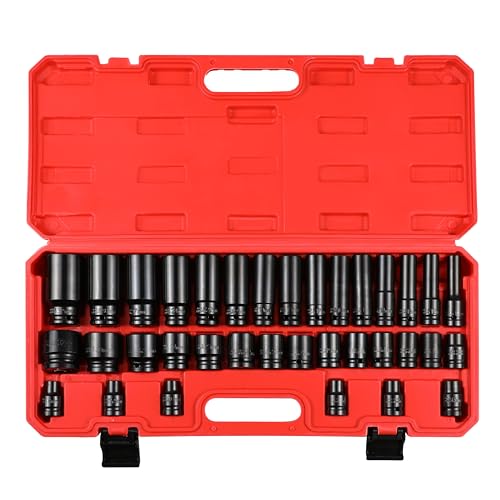 35PCS Impact Sockets Set 1/2" Deep 6 Point Socket Tool Drive Jumbo Impact Socket Kit for Metric Garage Workshop 8-32 MM (1/2" Impact Socket Set) - size: 1/2" Impact Socket Set