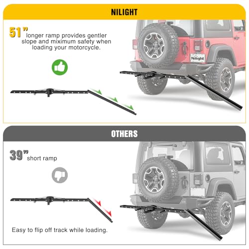 Nilight 600LBS Motorcycle Hitch Carrier with 55.11" Longer Loading Ramp | Heavy Duty Dirt Bike Hitch Hauler, Fits 2-Inch Receiver, Up to 5" Wide Tire, Includes Pin, Tie-Down Strap and Tightener - color: Motorcycle Hitch Carrier Steel 600 LBS