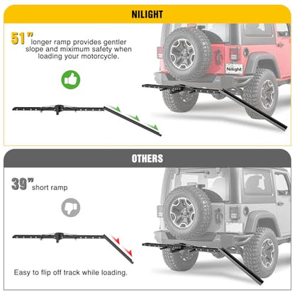 Nilight 600LBS Motorcycle Hitch Carrier with 55.11" Longer Loading Ramp | Heavy Duty Dirt Bike Hitch Hauler, Fits 2-Inch Receiver, Up to 5" Wide Tire, Includes Pin, Tie-Down Strap and Tightener - color: Motorcycle Hitch Carrier Steel 600 LBS
