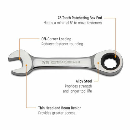 GEARWRENCH 14 Pc. 12 Point Stubby Ratcheting SAE/Metric Combination Wrench Set - 85206 - size: 10mm 11mm 12mm 13mm 14mm 15mm 18 mm