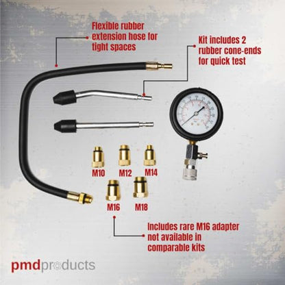 Engine Compression Tester Kit – 5 Adapters (M10, M12, M14, M16, M18) – Accurate 0-300 PSI Dual Scale Gauge – Ideal for Small Engine Diagnostics - PMD Products