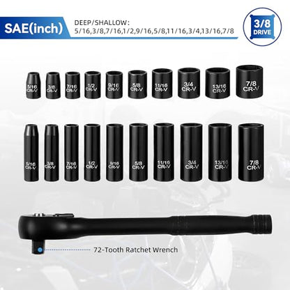 Reniteco 21-Piece 3/8" Drive Socket Set, SAE (5/16"- 7/8"), Deep and Shallow Sockets, 72-Tooth Ratchet Wrench, 6 Point Design, Cr-V - size: 3/8" 21 PCS SAE