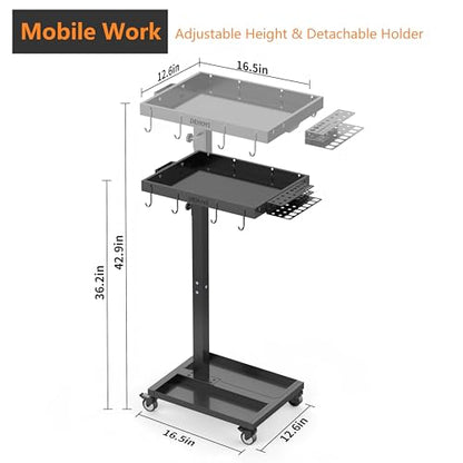 DEHOYI Adjustable Height Metal Tool Cart with Wheels, Heavy Duty Rolling Mechanic Tool Tray for Garage, Workshop (Black)