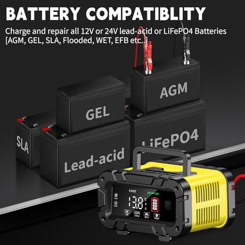 E-FAST 20A Smart Car Battery Charger, 12V 24V Maintainer & Desulfator - Compatible with LiFePO4 Lithium, AGM, Gel, SLA, Deep Cycle - High-Power Trickle Charger for Car, Truck, RV, Boat, Marine