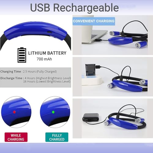 Book Light, 3 Color and Brightness Adjustable Reading Light, Rechargeable and Bendable Round Neck Design, 0+Hrs Runtime, Neck Round Design, Lightweight for Crafting, Knitting & Repairing (Blue)