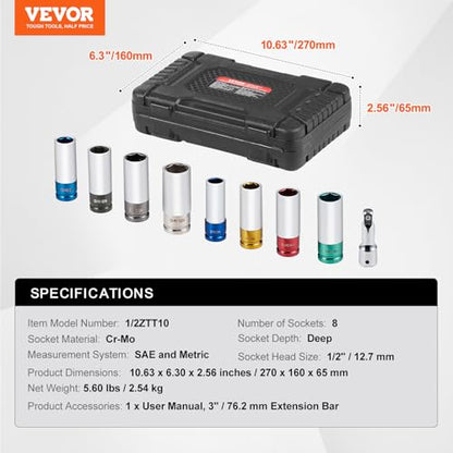 VEVOR 9-Piece Lug Nut Impact Socket Set 1/2 Inch Drive, Metric and SAE, 6-Point, CR-MO, Deep Wheel Protector Impact Socket Set With Storage Case and Extension Bar for Auto Repair