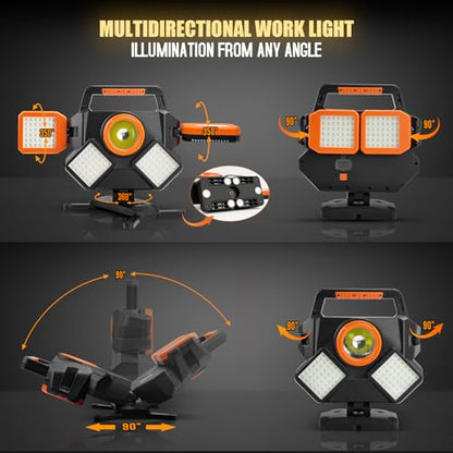 Tresda 5000LM Rechargeable Work Light, Magnetic LED Work Light with 360° Adjustable Foldable Design, 8000mAh Battery Powered Portable Work Light for Car Repair, Garage, Workshop, Camping & Emergency