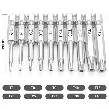 10 Piece Security Torx Bit Set (T6-T40), 1/4 Inch Hex Shank S2 Steel Magnetic Tamper Proof star screwdriver bit set 2" Long - style: T6-T40