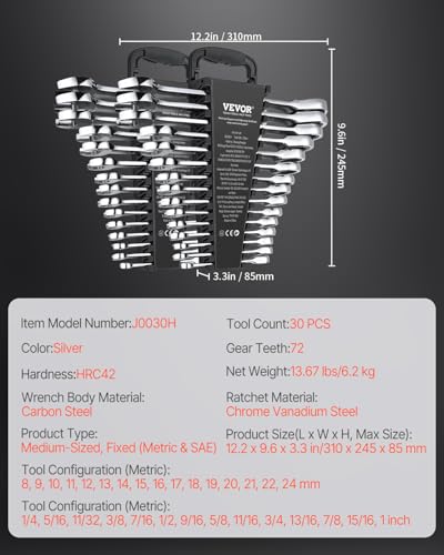 VEVOR Combination Wrench Set, 30-Piece Ratcheting Wrench Set with Organizer Rack, Cr-V Steel Wrench Set SAE 1/4" to 1", Metric 8 mm to 24 mm, Ideal for General Household, Garage, Workshop, Emergency | SAE 1/4" to 1", Metric 8 mm to 24 mm, Cr-V Steel, with