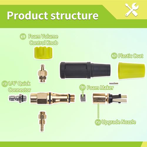 FIXFANS Foam Cannon, Compatible with Portland Husky Ryobi Pressure Washer | Wide Neck Pressure Washer Foam Lance, Power Washer Foam Blaster, 1/4 Inch Quick Connector, 5 Nozzles, 1L - size: 1L