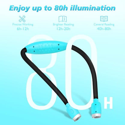 LEDGLE Neck Book Light for Reading Rechargeable,Long Arm,6 Brightness-Blue | 800mAh,Cool White 6000K,360°Magic Buckle,Nubs Non-Slip Heat-Dissipating,USB 5-20H Hands Free for Knitting Repair Camping - style: Massage Particles- Blue
