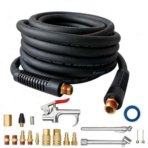 19 Pieces Air Compressor Accessories Kit, 3/8 Inch x 25FT Hybrid Air Compressor Hose Kit with 1/4 in NPT Quick Connect Air Fittings, Air Tool & Air Compressor Accessories Kit, Bend Restrictors,300 PSI