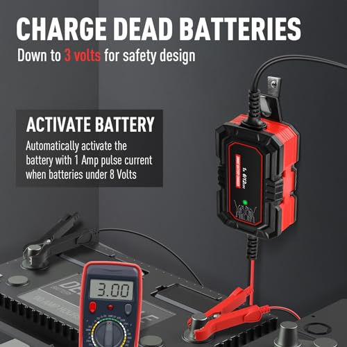 Sailvono 1A Battery Charger, 6V and 12V Smart Trickle Charger, 10-Stages 14.6 Volt LiFePO4 Automatic Battery Maintainer with Supply Mode for Motorcycle Car Lawn Mower Boat Marine Lead Acid Batteries