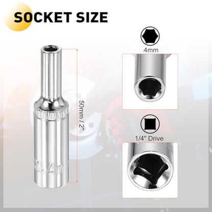 HARFINGTON Deep 6-Point Impact Socket 1/4" Drive 4mm Metric Socket 50mm (2") Long with 1/4" Hex Shank Adapter, CR-V Steel Socket Adapter Accessory Tool Set Kit for Hex Bolts Nuts - size: 4mm x 50mm