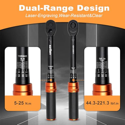 Kerry 1/4 Inch Drive Click 27 PCS Bike Torque Wrench Set, 20-240 LB.IN/2.3-27.1 Nm, Double Scale with Accessories Bit Sockets, 3/8 Adapter Extension Bar Universal Joint Tool for Bicycle Maintenance - size: 27pcs 1.67-20 FT.LB, style: 1/4"