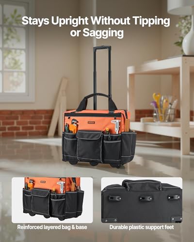 VEVOR 20" Rolling Tool Bag, 110 lbs Load Capacity, 27 Pockets Heavy Duty Roller Tool Bag on Wheels, Adjustable Telescoping Handle & Stable Base, Toolbag Organizers w/Wheels for Construction, Mechanic - size: 20 in
