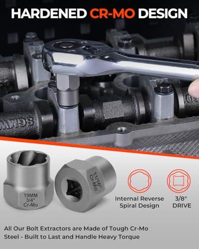 18 Piece Bolt Extractor Kit, 3/8" Drive Rounded Bolt & Nut Remover | Bolt Extractor Set with Hex Adapter-for Damaged, Frozen, Rusted Studs, Bolts, Nuts & Screws
