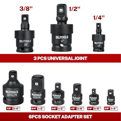 BILITOOLS 17-Piece Impact Socket Adapter Set with U-Joints & Reducers | Cr-V Adapters, Cr-Mo Joints. Black Phosphate, Corrosion Resistant. Spring Detent Lock. 1/4 3/8 1/2 inch Drive, EVA Foam Tray