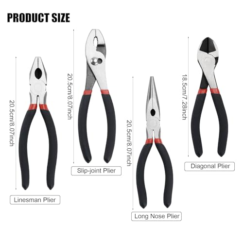 4 Pack Precision Basics Pliers Set-8'' Slip Joint, Long Needle Nose Pliers, Lineman, And 7''Diagonal Pliers for DIY, Construction, Machinery, Home Maintenance and Garden Projects