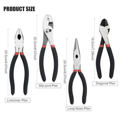 4 Pack Precision Basics Pliers Set-8'' Slip Joint, Long Needle Nose Pliers, Lineman, And 7''Diagonal Pliers for DIY, Construction, Machinery, Home Maintenance and Garden Projects