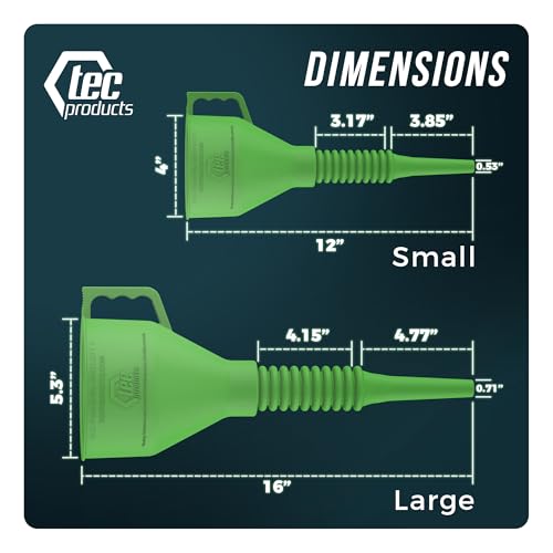 TEC Products FlexAll Long Flexible Funnels - Automotive Oil Funnel with Hose, Durable Nitrile Rubber for Oil Change, Transmission Funnel Fluid, Diesel, Fuel, Gas - Made in USA - Green (16 x 5 Inches) - color: Green, size: Large