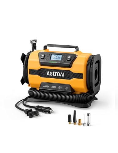 AstroAI Tire Inflator Portable Air Compressor, 150PSI 12V DC/110V AC Air Pump with Dual Metal Motors & LED Light, Two Modes for Car Tires, Bikes, Air Mattresses & Home Use, Compact Design, Yellow - color: Yellow, size: Compact