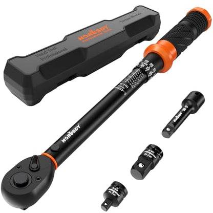 HORUSDY 3/8" 5PCS Torque Wrench Set(5–45 ft-lb/ 6.8–61 Nm) – Torque Wrench 3/8 Drive with 3" Extension, 3/8" to 1/4" & 3/8" to 1/2" Adapters, Case for Bike, Car, Moto & Other Repair - size: 5–45 ft-lb, style: 3/8" drive with 3" Extension, 3/8" to 1/4" & 3