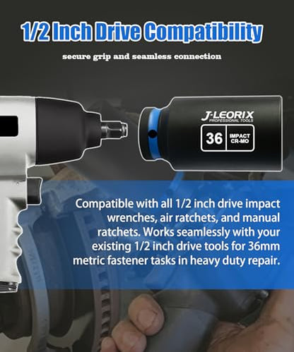 36mm Deep Impact Socket 1/2" Drive CR-MO Steel 6-Point | CR-MO steel impact socket set. 1/2" drive, 6-point design. Deep reach for lug nuts & axle nuts. - size: 36mm