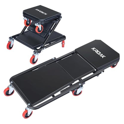 KROAK Creeper, 40 Inches 2 in 1 Z Creeper Seat 330 lbs Capacity Garage Chair Adjustable Rolling Folding Car Creeper with 6 pcs Wheels,Lay Down or Sit for Garage, Shop, Auto Repair Black - size: 40" 2 in 1
