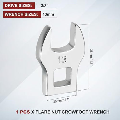 HARFINGTON Drive Crowfoot Wrench 3/8 Inch 13mm Metric Flare Nut Wrench CR-V Steel Electroplating Open End Crowfoot Wrench for Automotive Repair Mechanics, Bright Silver - size: 3/8 Inch x 13mm