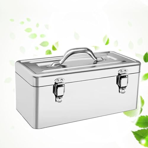 18" Metal ToolBox,Stainless Steel Tool Box,Heavy Duty Portable Tool Box,2 Layer with Carrying Handle metal locking latches make and Removable Tray,for Garage Workshop (Silver)