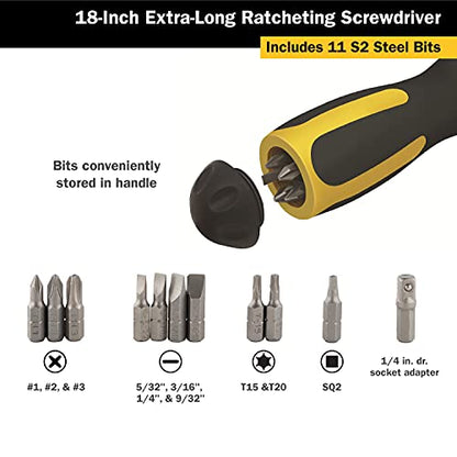 Titan 12218 18-Inch Extra Long High-Torque Ratcheting Bit Driver, Ratcheting Screwdriver Set Includes (10) Bits and Magnetic Bit Holder, Stainless Steel Shaft & S2 Steel Bits - size: 18-Inch