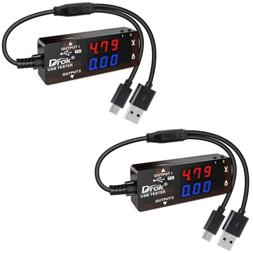 DROK USB Tester 2pcs, USB-A USB-C 2.0 Multimeter Dual USB Ports PD QC 3.0 with Color LED Display Battery Charger Monitor, 7 Modes Capacity Voltage Current Power for Laptop Power Bank Solar Panel - color: Black, size: USB-A&USB-C / 2pcs