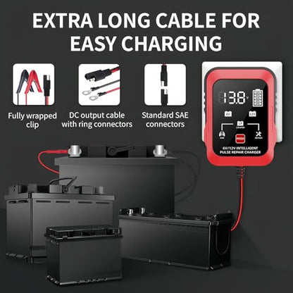 6V 12V Battery Charger 1.5A Automatic Battery Maintainer Trickle Charger Smart Float Charge, Auto Battery Repair Charger Desulfator for Car Motorcycle Lawn Mower Boat Lead Acid AGM LiFePO4 Batteries