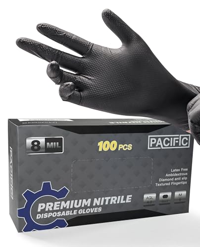 PACIFIC PPE 8 Mil Heavy Duty Black Nitrile Gloves, Chemical Resistant, Food Safe, Latex Free Disposable Gloves for Mechanic, Cooking, and Cleaning, Medium - size: Medium(Pack of 100)