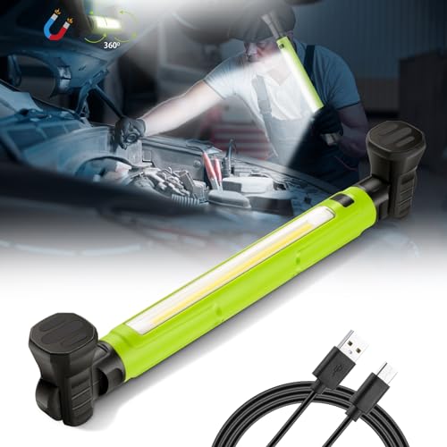 Work Light, 3000LM Bright LED Work Light, 5200mAh Rechargeable Magnetic Underhood Working Light with Hooks & Power Output, IP54 Waterproof Cordless Battery Powered Mechanic Light for Work - color: Green