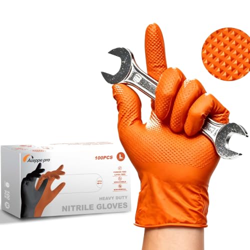 Heavy Duty Nitrile Gloves with Diamond Texture, 8 Mil Industrial Mechanic Gloves for Cleaning - color: Orange, size: Medium