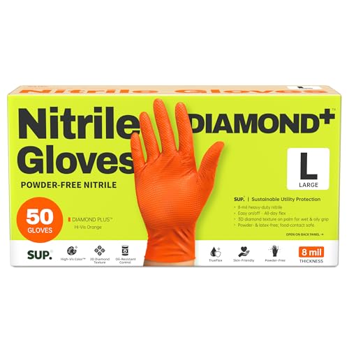 SUPER+ HEAVY DUTY Nitrile Gloves 8 Mil Diamond Texture Disposable Chemical Resistant Powder &Latex Free Food Safe Orange 50Ct - color: Large (Orange)