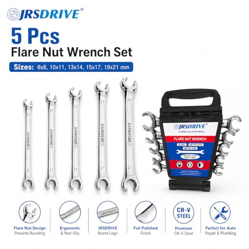 5 Pcs Flare Nut Wrench Set Metric 6x8, 10x11, 13x14, 15x17, 19x21mm CRV Line Wrench Set for Brake Line, Fuel, HVAC & Plumbing | Professional Mechanic Tools & Automotive Wrench Set E-2104