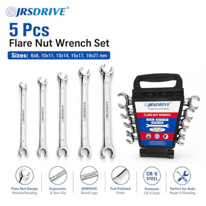 5 Pcs Flare Nut Wrench Set Metric 6x8, 10x11, 13x14, 15x17, 19x21mm CRV Line Wrench Set for Brake Line, Fuel, HVAC & Plumbing | Professional Mechanic Tools & Automotive Wrench Set E-2104