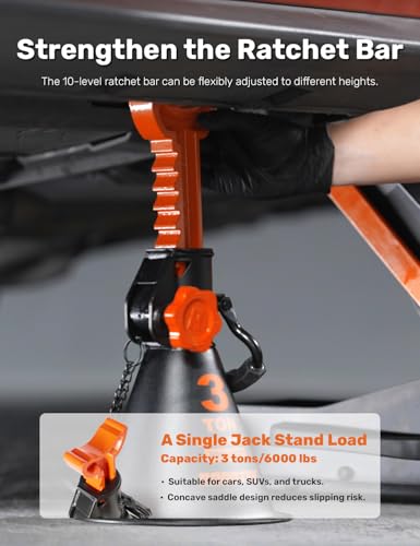 Jack Stands, 3 Ton (6,000 lbs) Heavy Duty Car Jack Stands with Integrated Steel Base and Double Locking, 11-1/4 to 16-9/16 inch Adjustable Height, for SUV, Truck, and Car, 1 Pair - size: 3 Ton | Standard