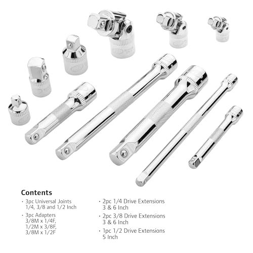 Ingersoll Rand 11-Piece Socket Accessory Set, Chrome Vanadium Steel, Includes U-Joints, Adapters & Extensions in 1/4", 3/8", 1/2" Drive, with Thermoform Organizer Tray – 752055X