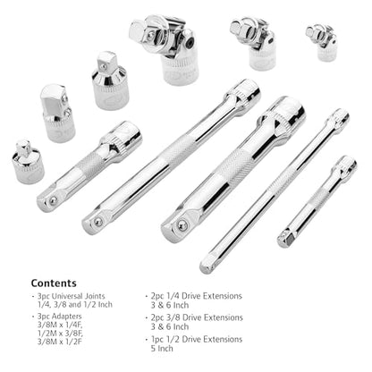 Ingersoll Rand 11-Piece Socket Accessory Set, Chrome Vanadium Steel, Includes U-Joints, Adapters & Extensions in 1/4", 3/8", 1/2" Drive, with Thermoform Organizer Tray – 752055X