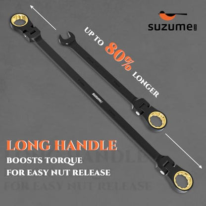 SUZUME Extra Long Flex Head Ratcheting Wrench 14-15mm Metric Double Box End 180° Flexible Head 72-Tooth 15K Gear Tested CR-V Steel Black Chrome Finish For Automotive Brake Caliper Suspension & DIY - size: 14-15mm