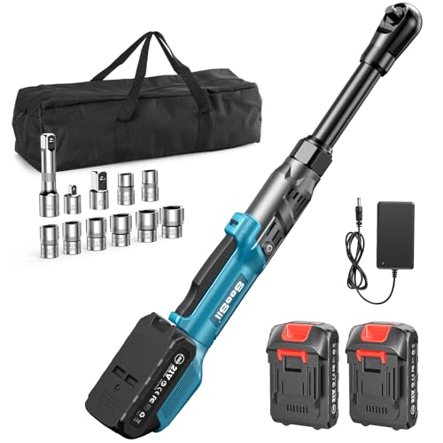 Extended Cordless Electric Ratchet Wrench: 66 Ft-lbs Power Ratchet Wrench 3/8", Brushless Motor, Variable Speed Trigger, 2 Pack 21V Batteries & Charger, 8 Sockets, 1/4"& 1/2" Adapter, 3" Extension Bar - size: 3/8 inch Extended