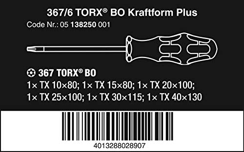 Wera 05138250001 Kraftform Plus 367/6 Torx BO Safety Screwdriver Set and Rack, With Bore Hole, 6-Piece - size: TX10x80mm, TX15x80mm, TX20x100mm, TX25x100mm, TX30x115mm, TX40x140mm, Bore Hole