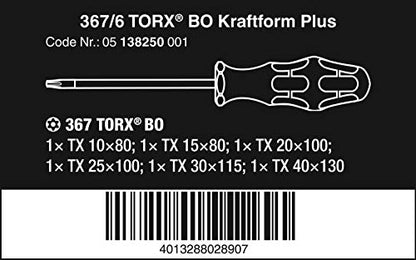 Wera 05138250001 Kraftform Plus 367/6 Torx BO Safety Screwdriver Set and Rack, With Bore Hole, 6-Piece - size: TX10x80mm, TX15x80mm, TX20x100mm, TX25x100mm, TX30x115mm, TX40x140mm, Bore Hole